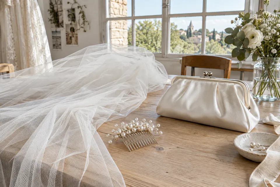 Voile, peigne de perles et pochette de mariée — illustration générée par IA