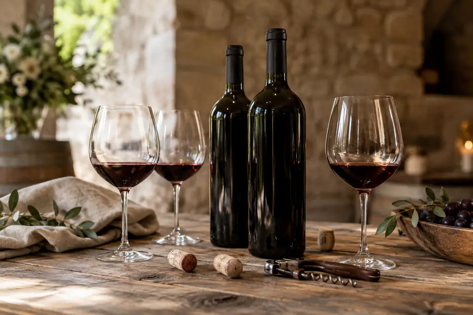 Vins et verres préparés pour une réception — illustration générée par IA