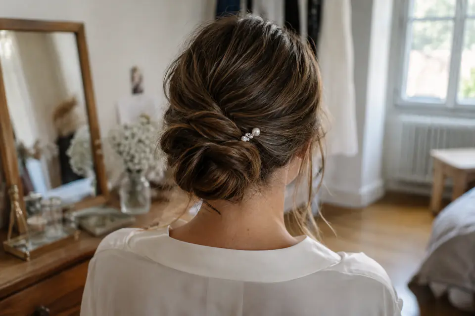 Chignon de mariée vu de dos — illustration générée par IA