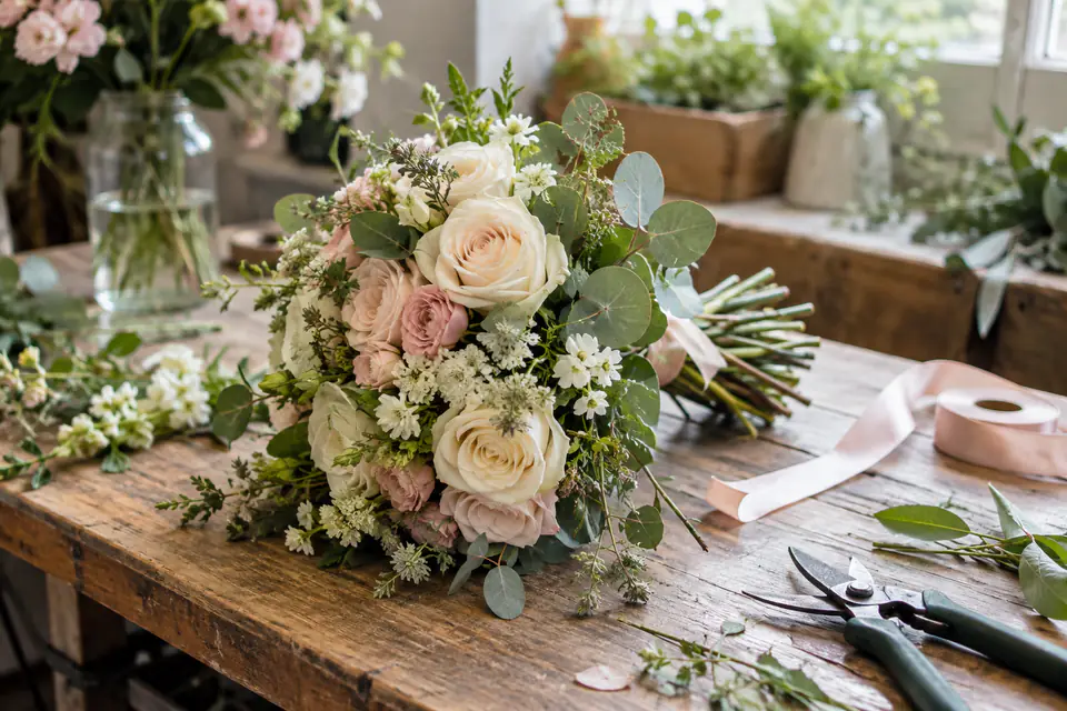 Bouquet de mariée sur un établi — illustration générée par IA