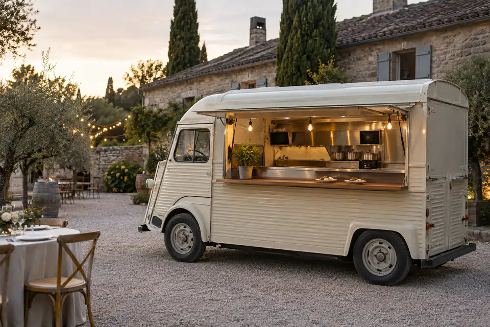 Food truck dans une cour de réception — illustration générée par IA