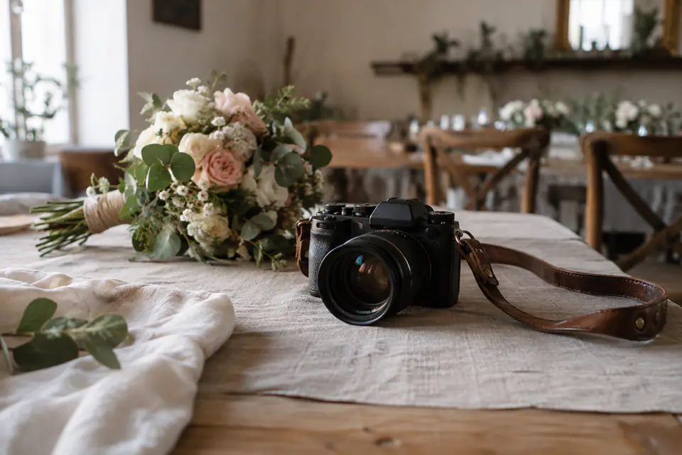 Appareil photo et bouquet dans une salle de réception — illustration générée par IA