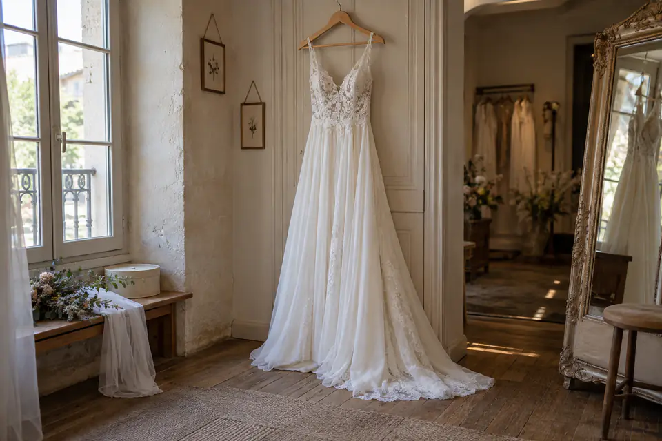 Robe de mariée dans un atelier — illustration générée par IA