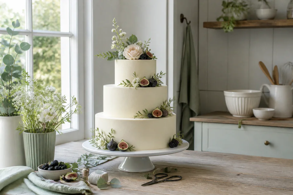Gâteau de mariage préparé dans un atelier — illustration générée par IA