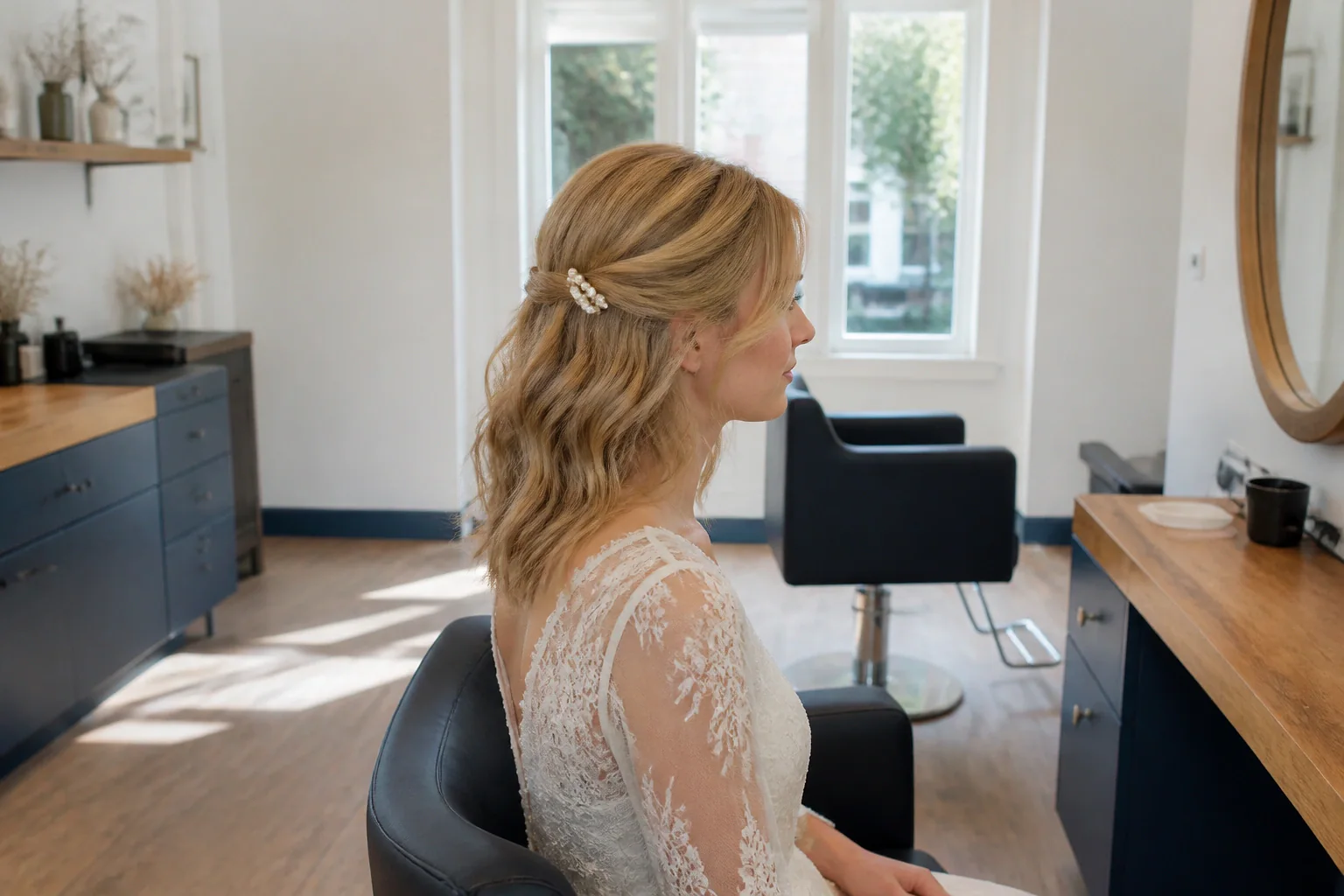 Coiffure de cérémonie vue pendant la préparation — illustration générée par IA