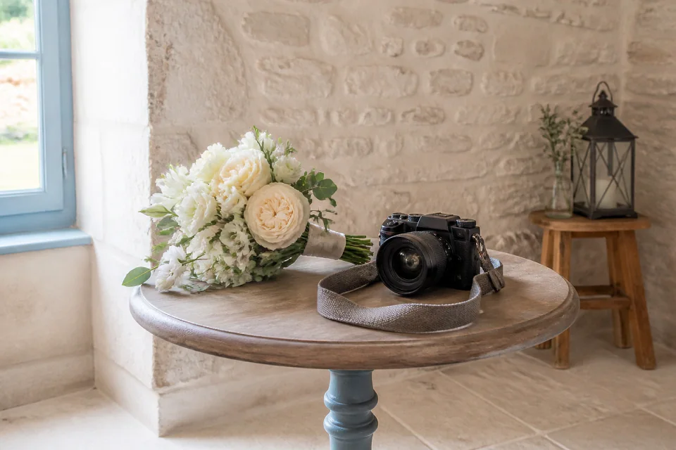 Appareil photo et accessoires de reportage de mariage — illustration générée par IA