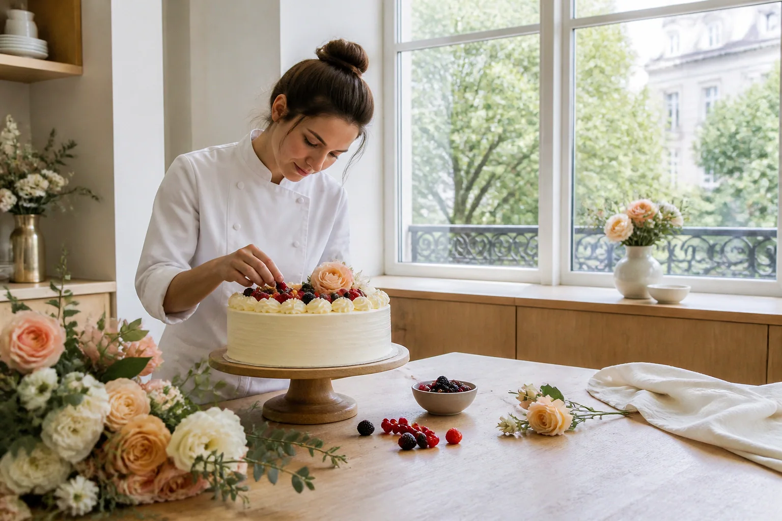 Gâteau de mariage préparé dans un atelier — illustration générée par IA