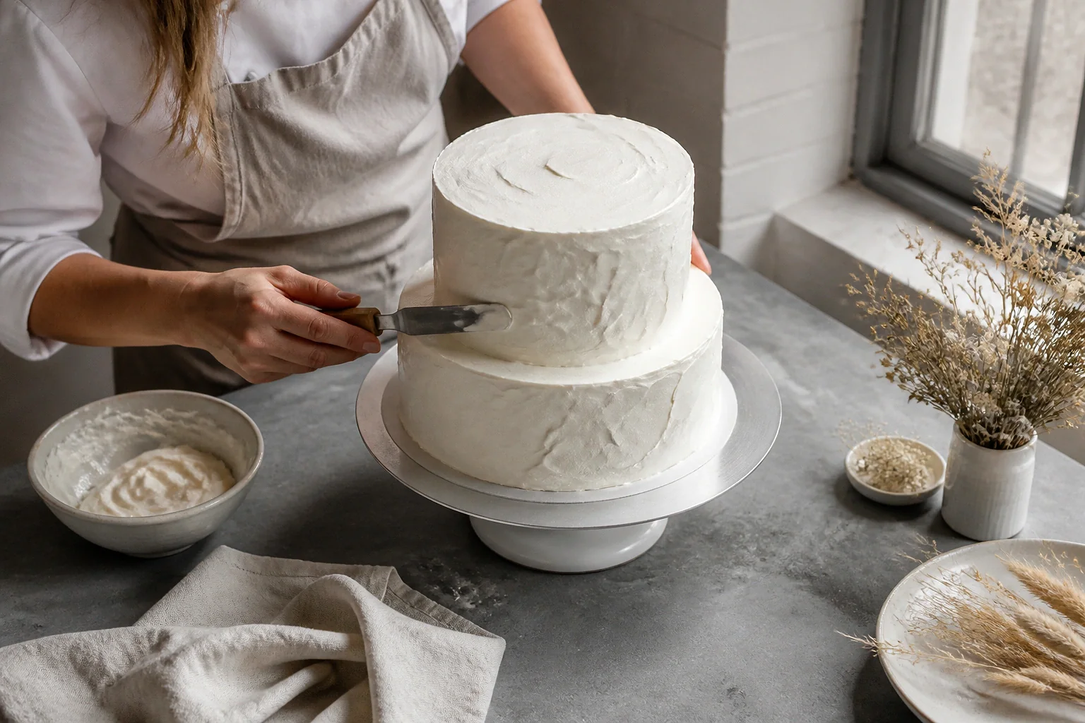 Gâteau de mariage préparé dans un atelier — illustration générée par IA