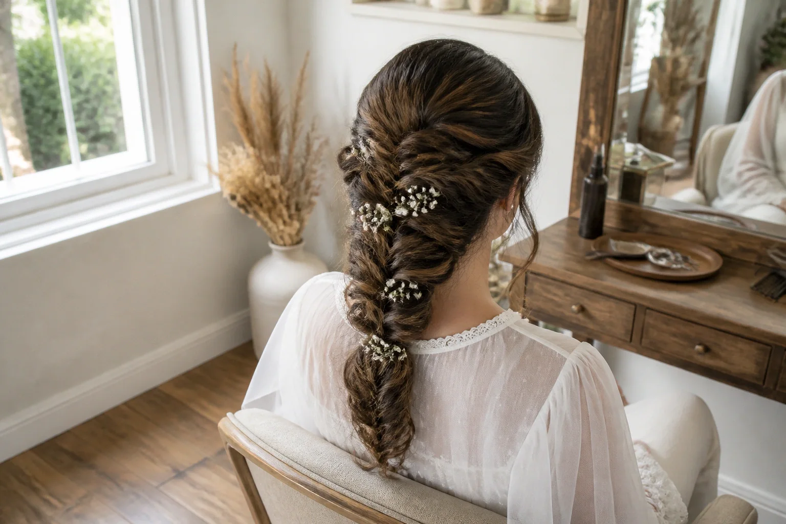 Coiffure de cérémonie vue pendant la préparation — illustration générée par IA