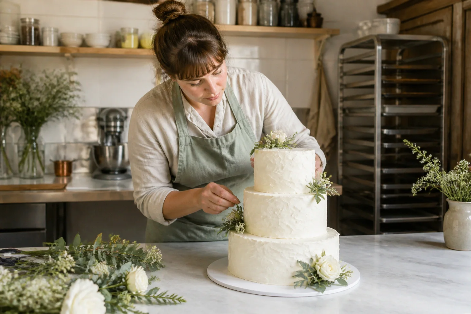 Gâteau de mariage préparé dans un atelier — illustration générée par IA
