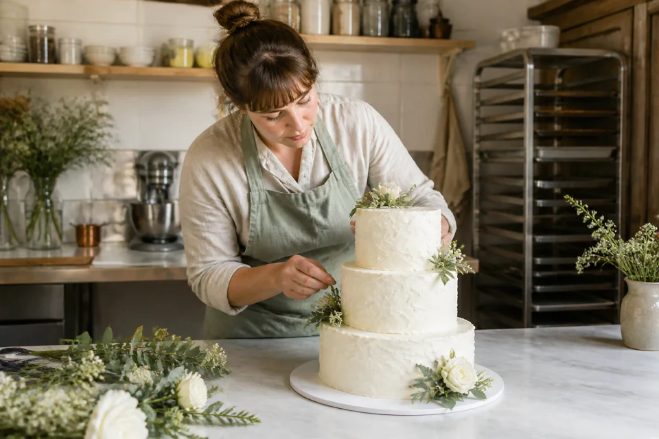 Gâteau de mariage préparé dans un atelier — illustration générée par IA