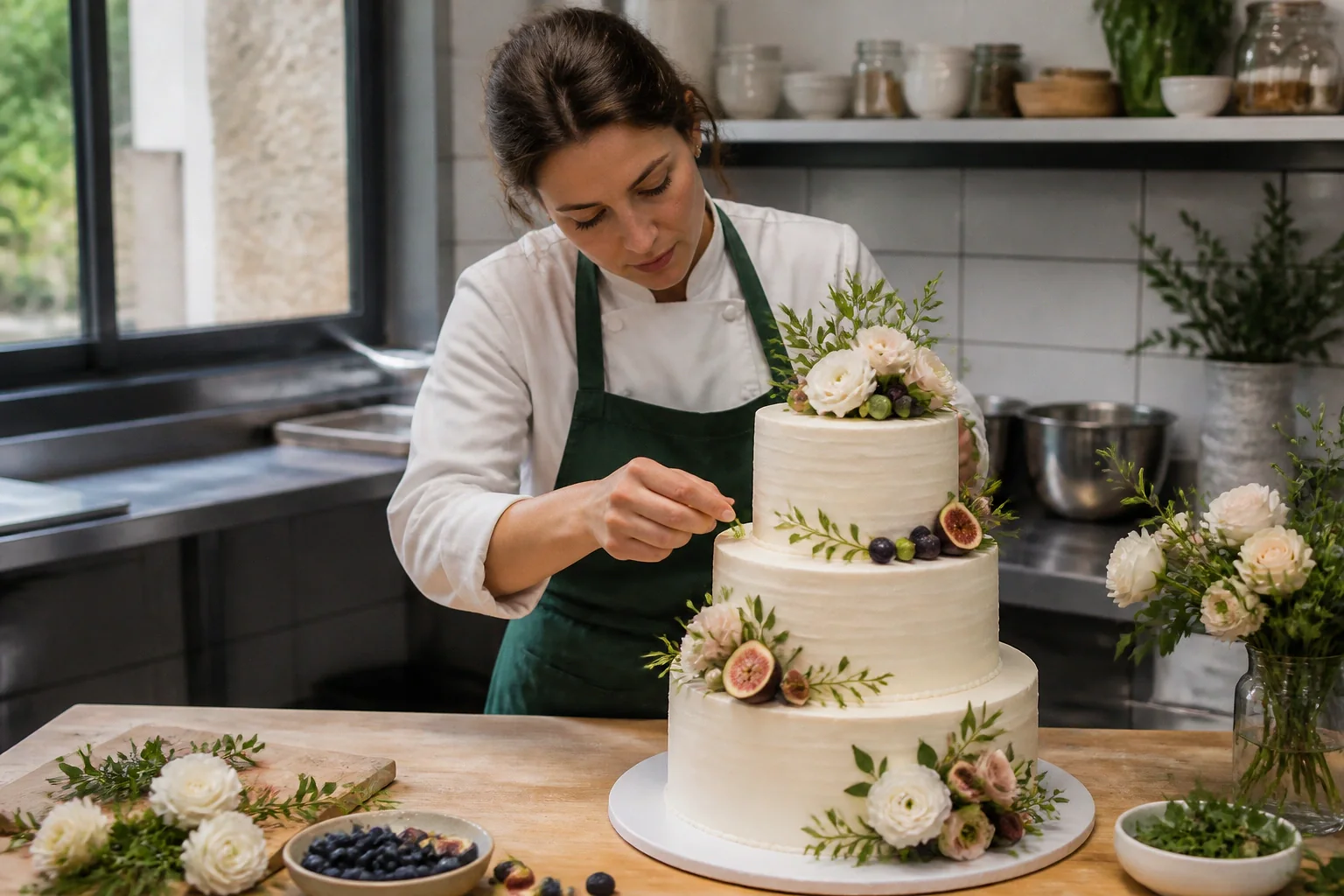 Gâteau de mariage préparé dans un atelier — illustration générée par IA