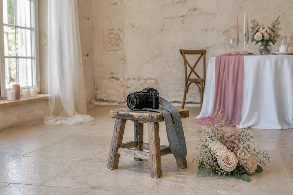 Appareil photo et accessoires de reportage de mariage — illustration générée par IA