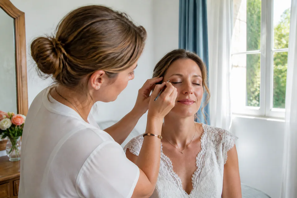 Préparation d’un maquillage de mariage — illustration générée par IA