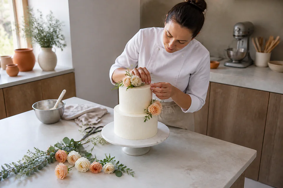 Gâteau de mariage préparé dans un atelier — illustration générée par IA