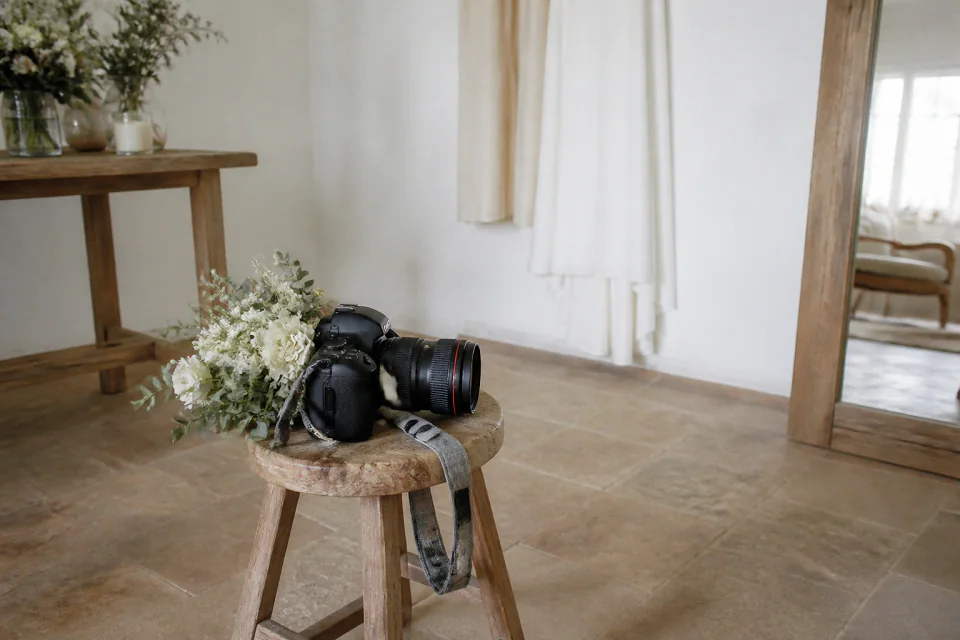 Appareil photo et accessoires de reportage de mariage — illustration générée par IA