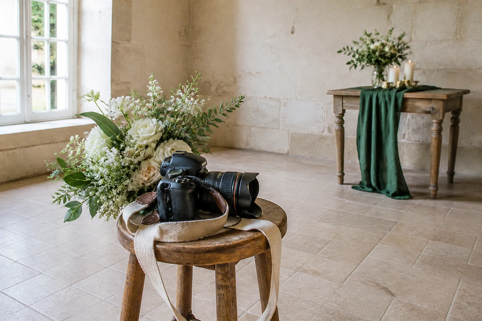 Appareil photo et accessoires de reportage de mariage — illustration générée par IA