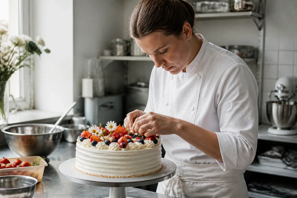 Gâteau de mariage préparé dans un atelier — illustration générée par IA