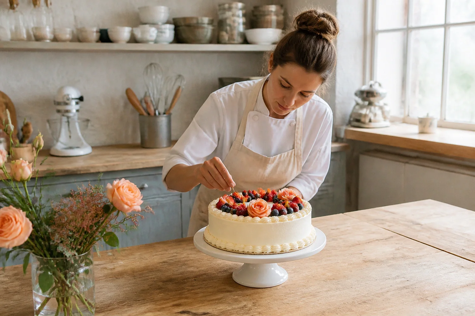 Gâteau de mariage préparé dans un atelier — illustration générée par IA