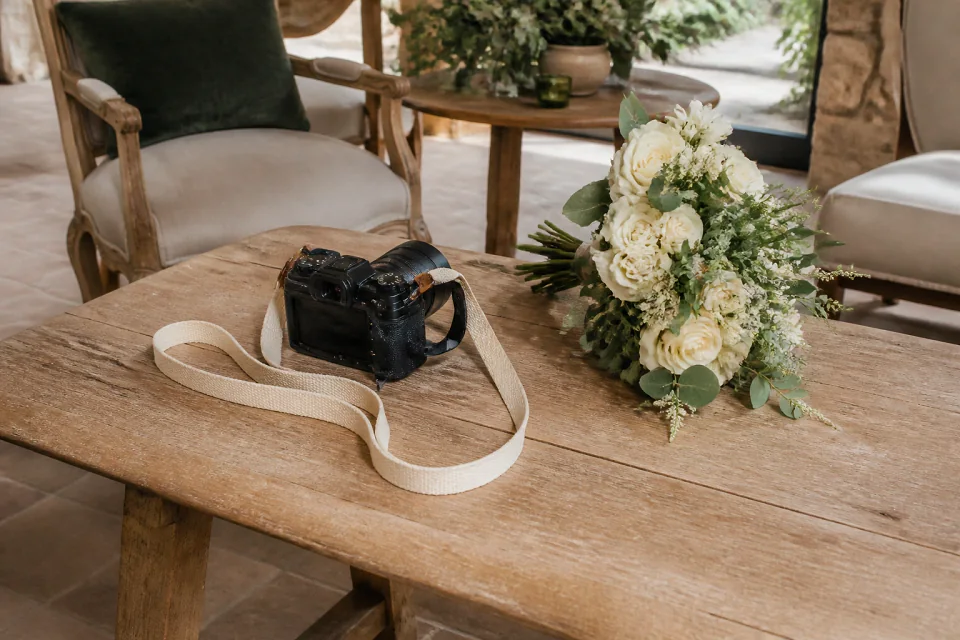 Appareil photo et accessoires de reportage de mariage — illustration générée par IA