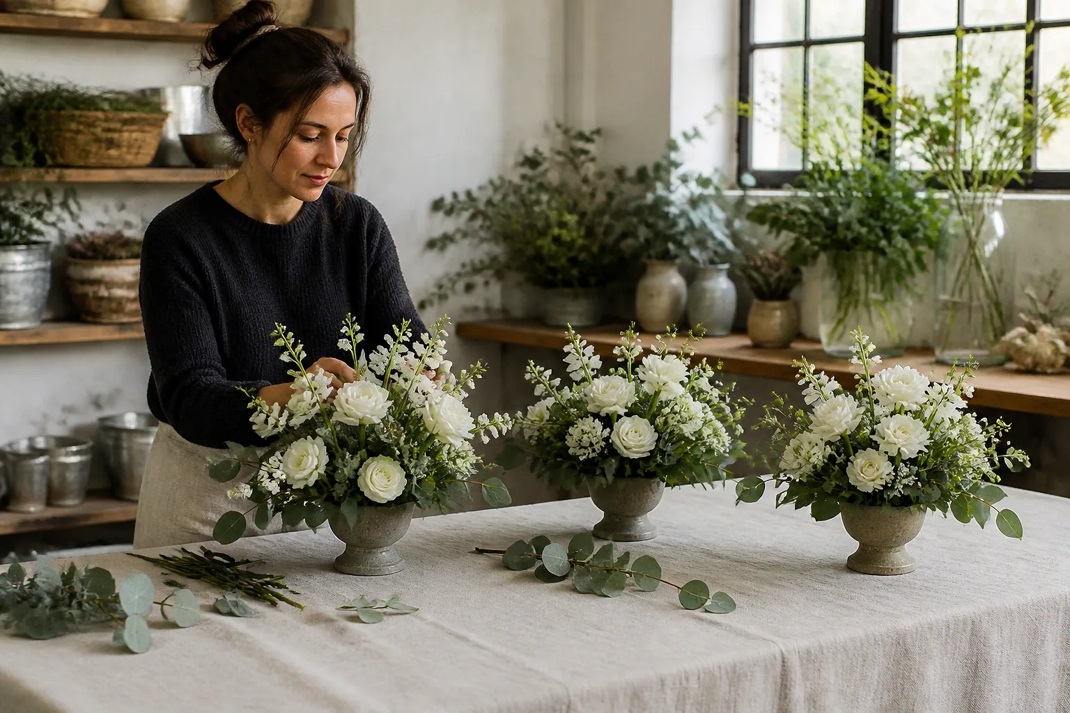 Préparation florale pour un mariage — illustration générée par IA