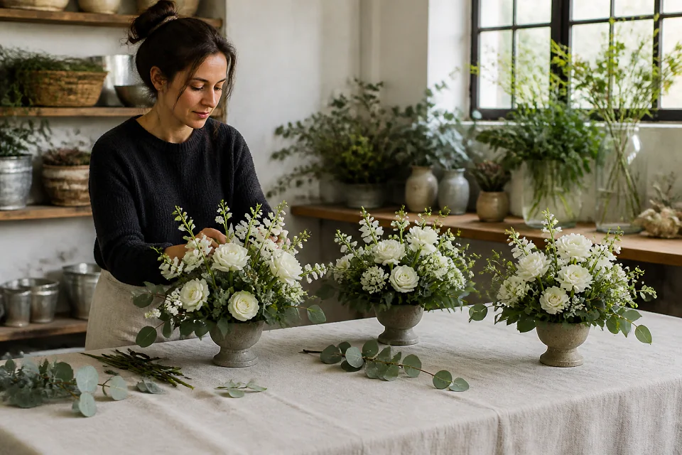 Préparation florale pour un mariage — illustration générée par IA