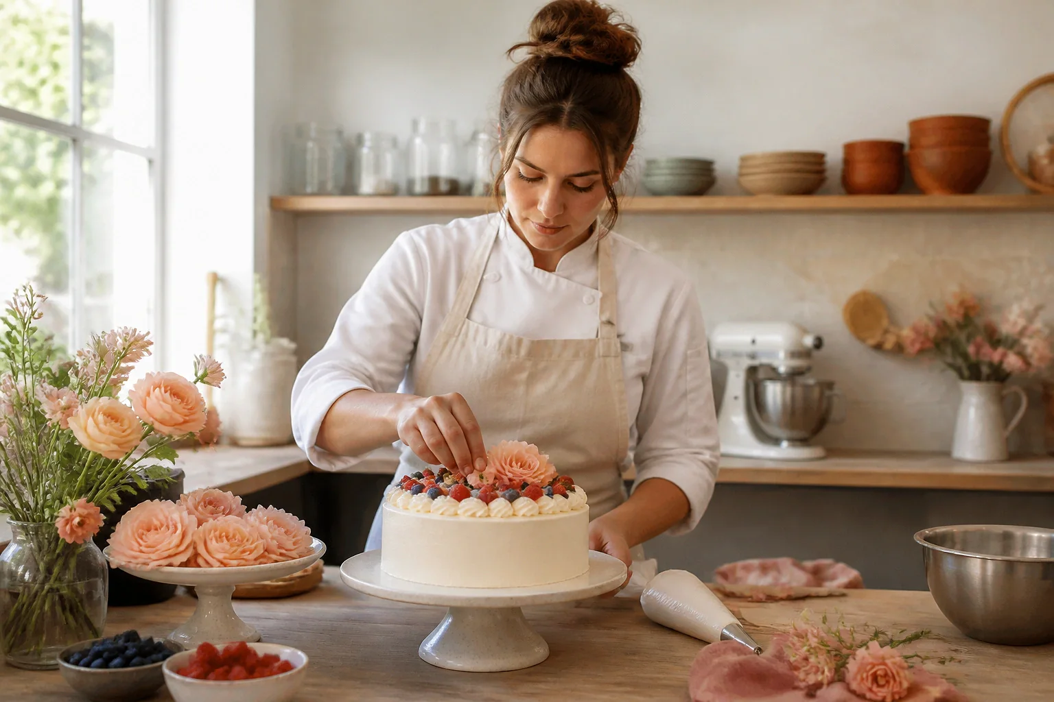 Gâteau de mariage préparé dans un atelier — illustration générée par IA