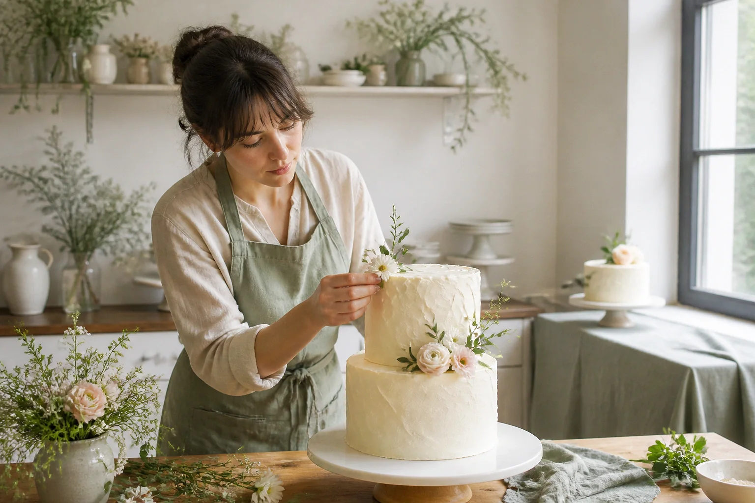 Gâteau de mariage préparé dans un atelier — illustration générée par IA
