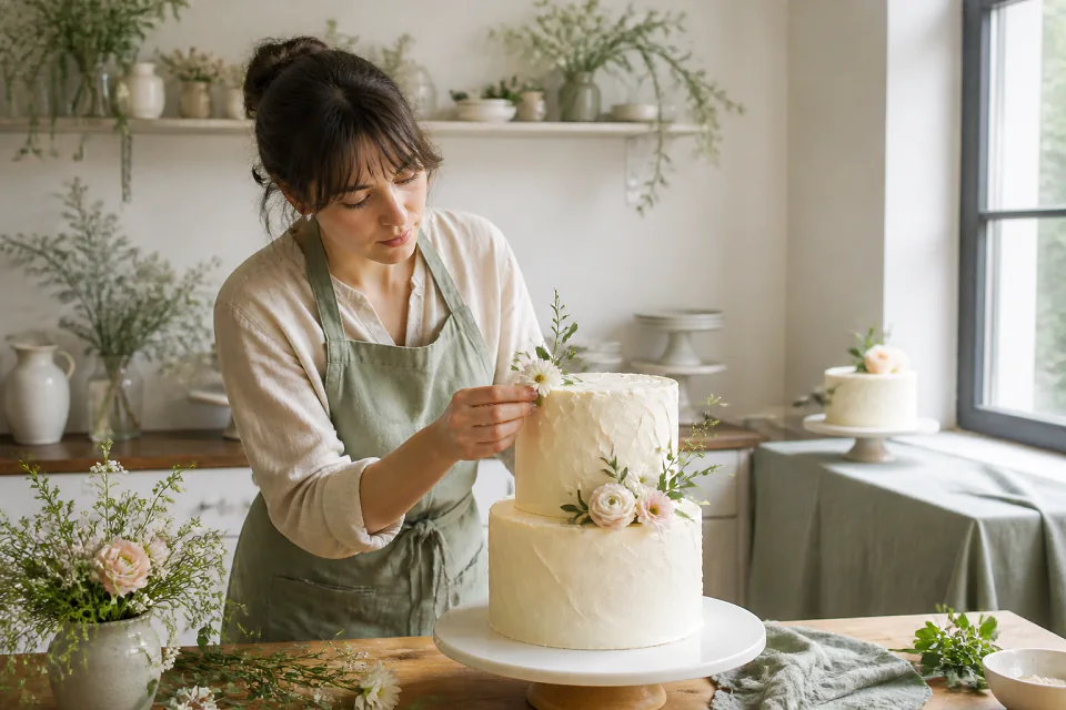 Gâteau de mariage préparé dans un atelier — illustration générée par IA