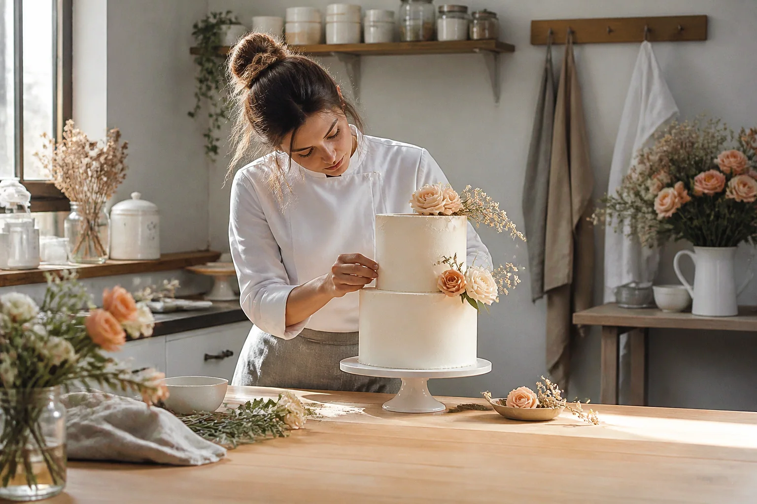 Gâteau de mariage préparé dans un atelier — illustration générée par IA
