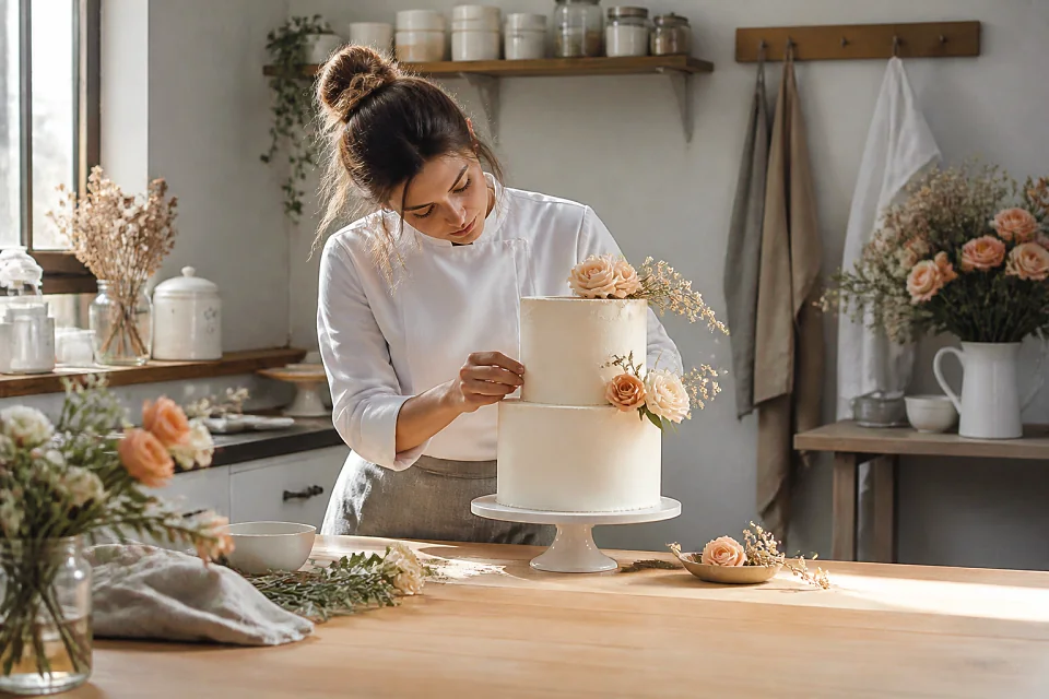 Gâteau de mariage préparé dans un atelier — illustration générée par IA