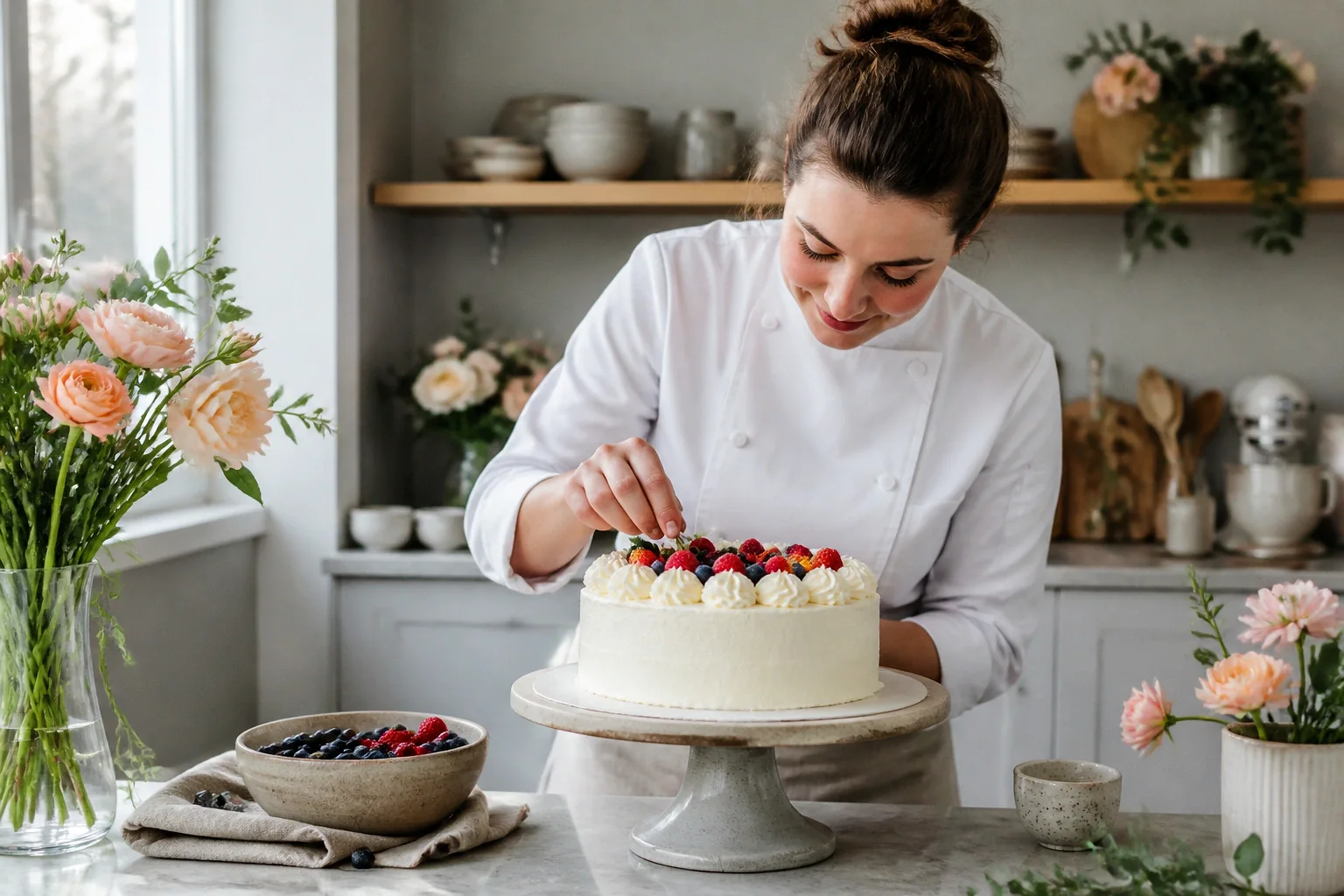 Gâteau de mariage préparé dans un atelier — illustration générée par IA