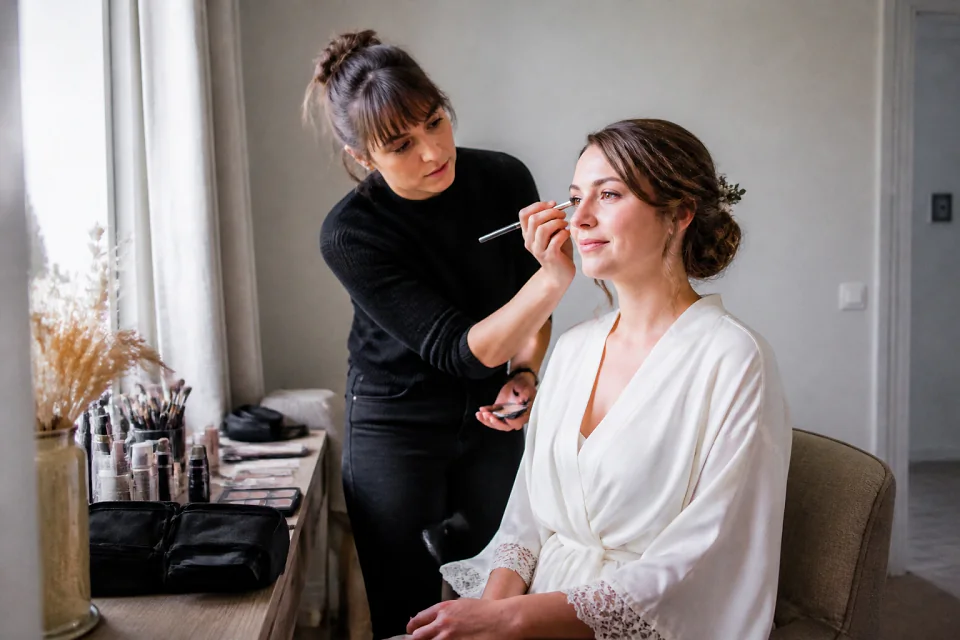 Préparation d’un maquillage de mariage — illustration générée par IA