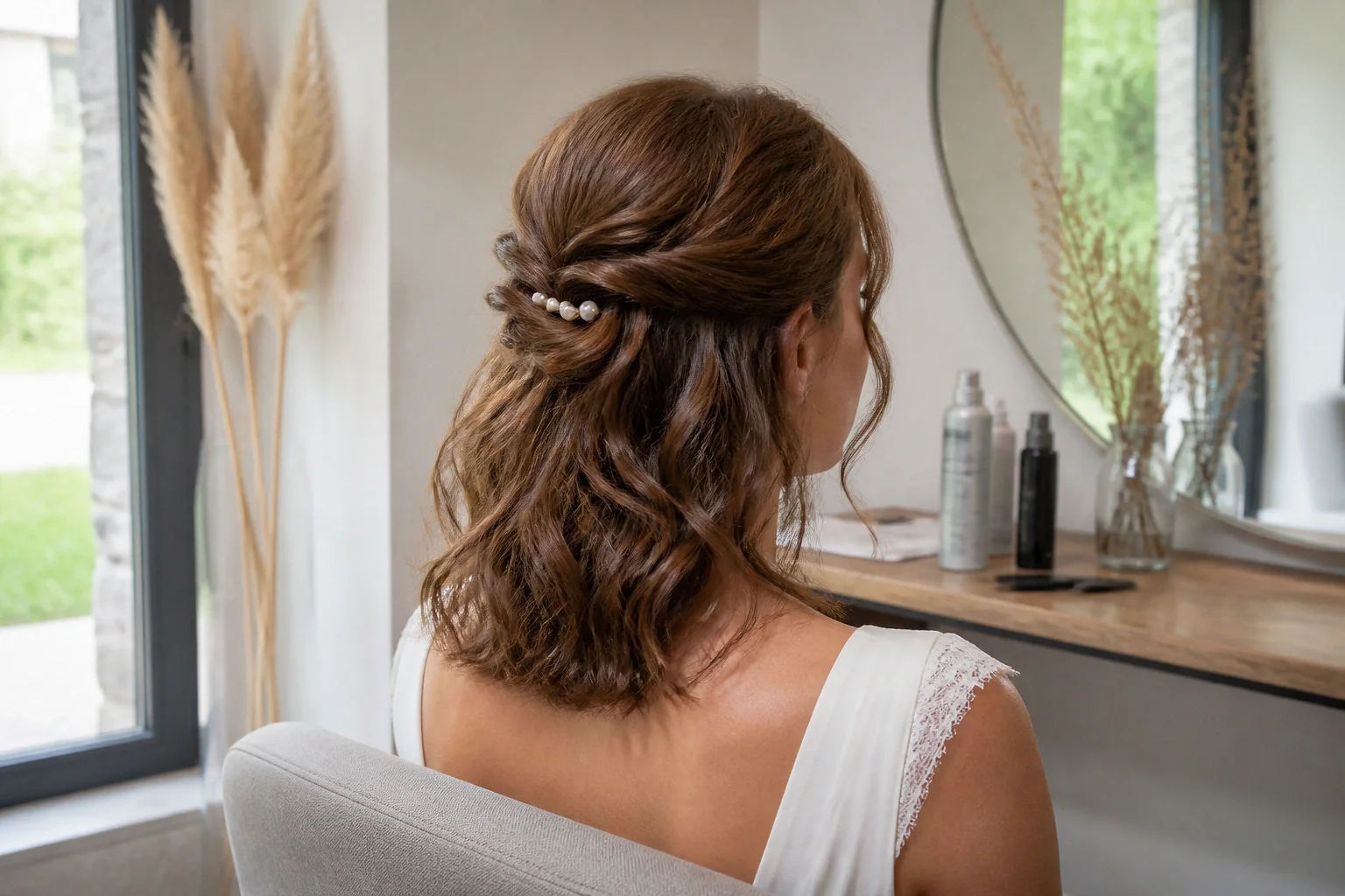 Coiffure de cérémonie vue pendant la préparation — illustration générée par IA