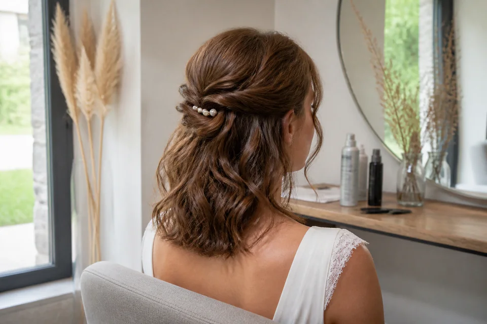 Coiffure de cérémonie vue pendant la préparation — illustration générée par IA