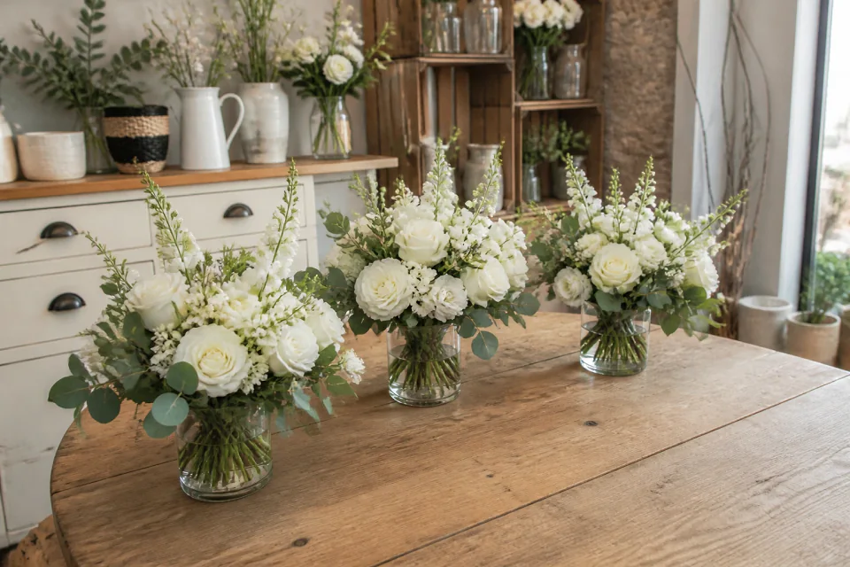 Préparation florale pour un mariage — illustration générée par IA