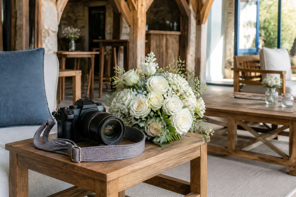 Appareil photo et accessoires de reportage de mariage — illustration générée par IA