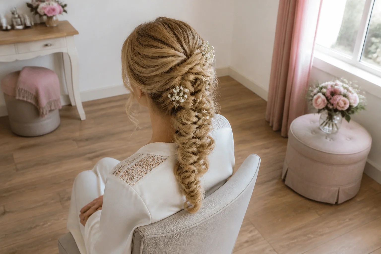 Coiffure de cérémonie vue pendant la préparation — illustration générée par IA