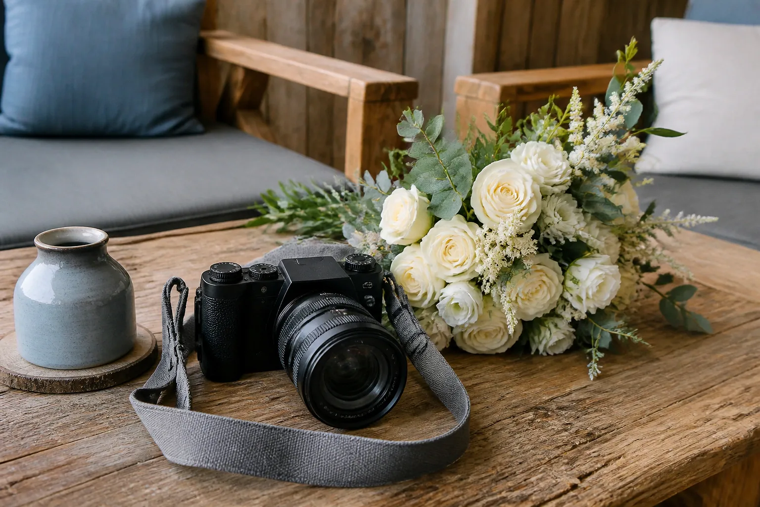 Appareil photo et accessoires de reportage de mariage — illustration générée par IA