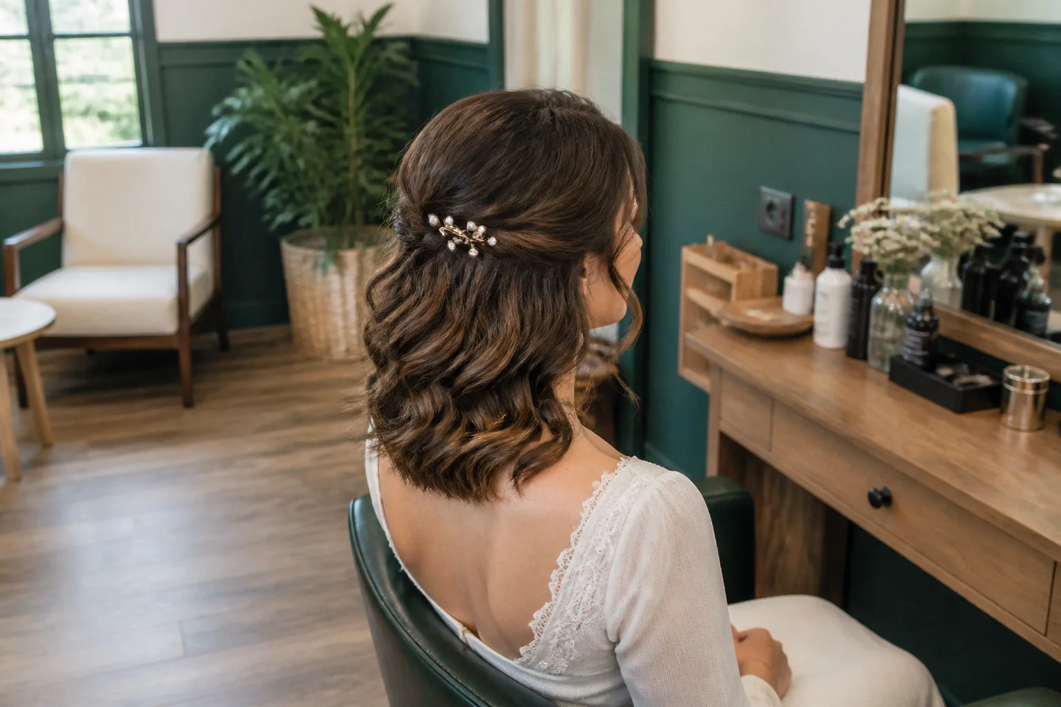 Coiffure de cérémonie vue pendant la préparation — illustration générée par IA