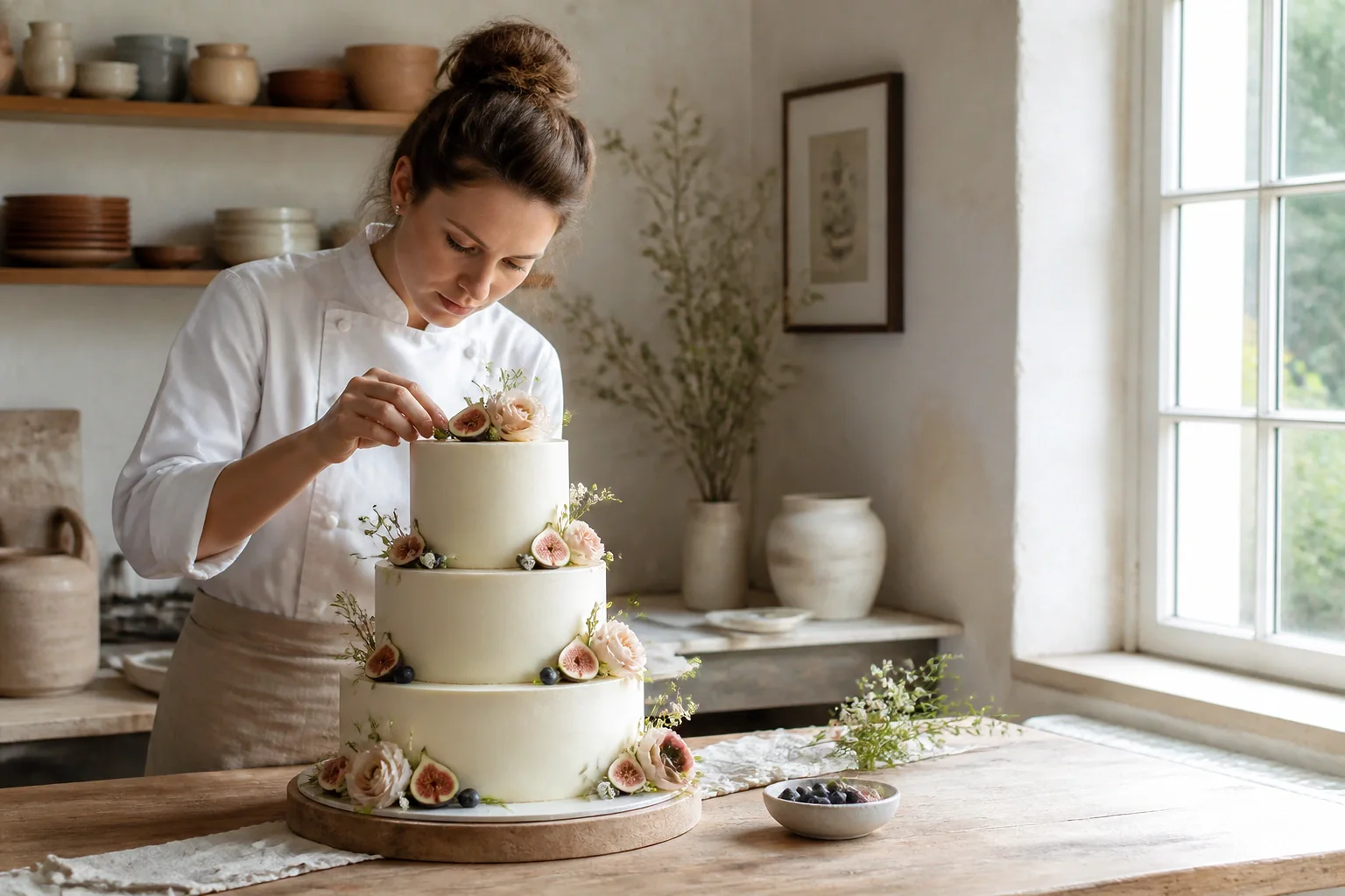 Gâteau de mariage préparé dans un atelier — illustration générée par IA
