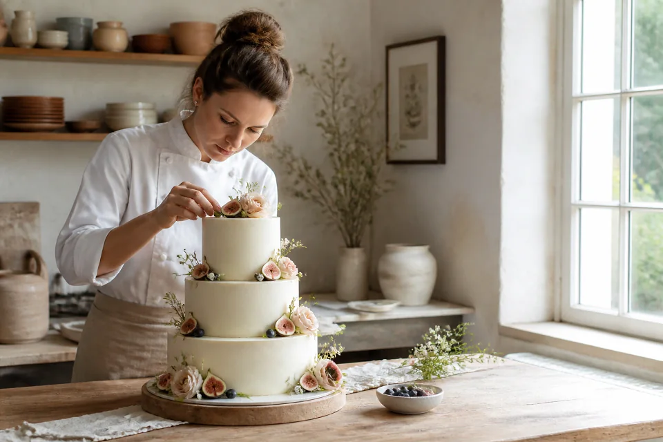 Gâteau de mariage préparé dans un atelier — illustration générée par IA