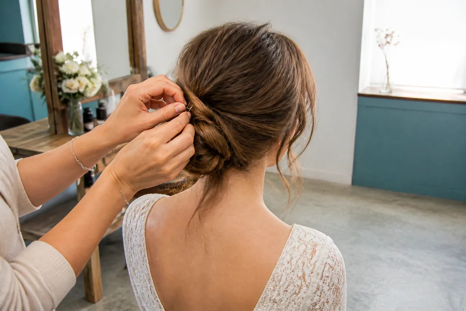 Coiffure de cérémonie vue pendant la préparation — illustration générée par IA