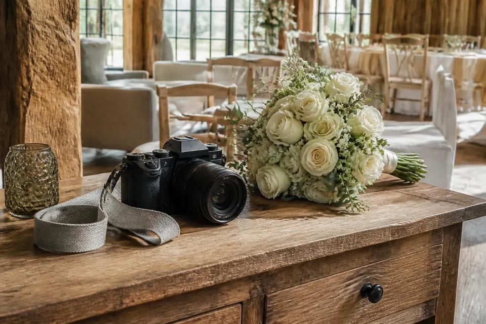 Appareil photo et accessoires de reportage de mariage — illustration générée par IA