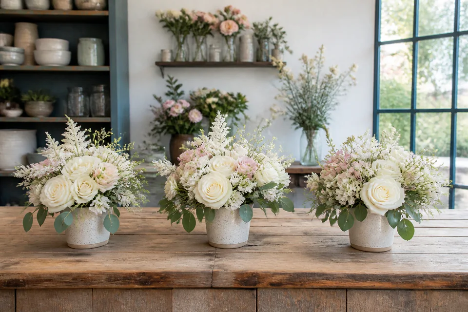Préparation florale pour un mariage — illustration générée par IA