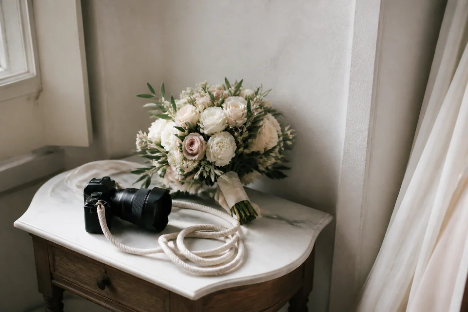 Appareil photo et accessoires de reportage de mariage — illustration générée par IA