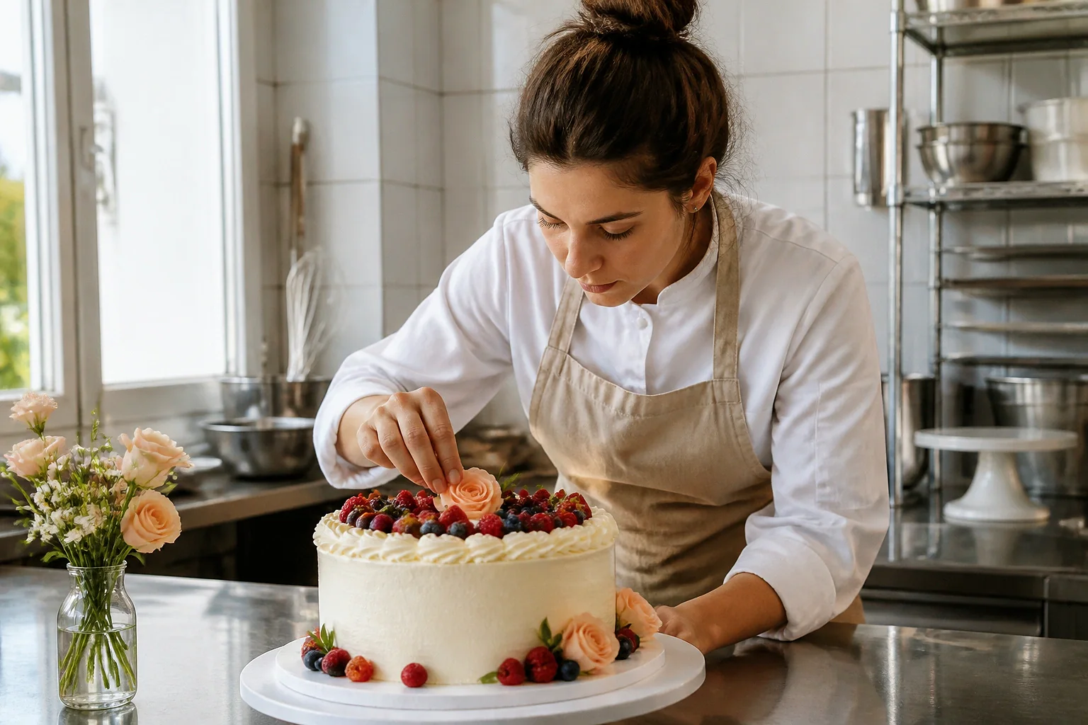 Gâteau de mariage préparé dans un atelier — illustration générée par IA