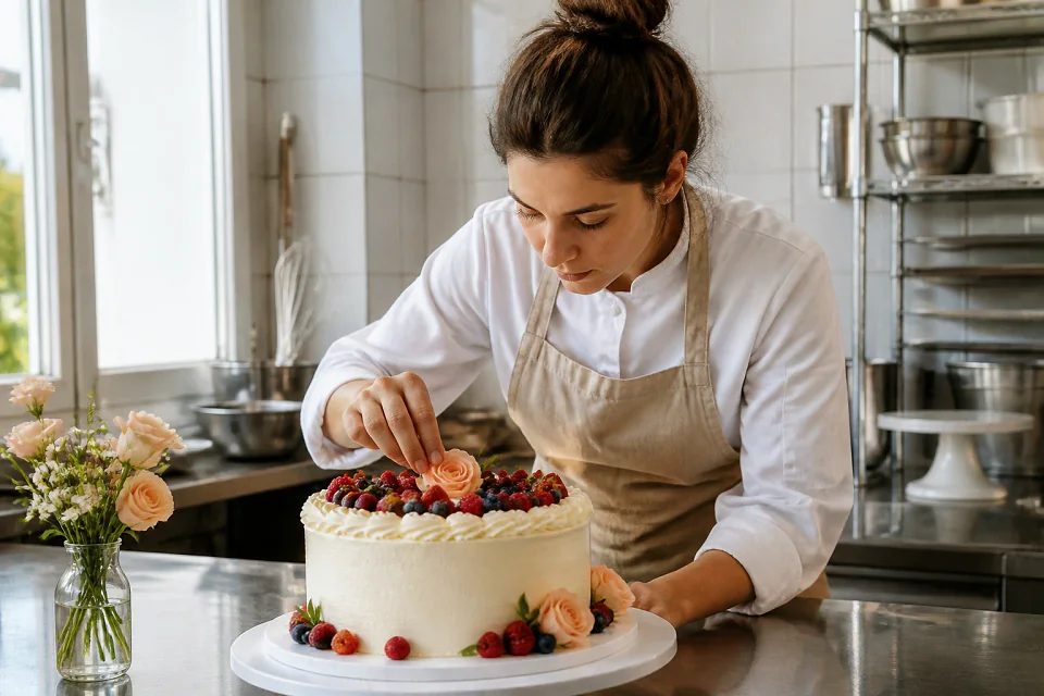 Gâteau de mariage préparé dans un atelier — illustration générée par IA