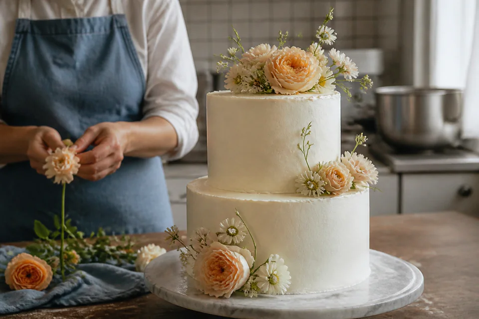 Gâteau de mariage préparé dans un atelier — illustration générée par IA