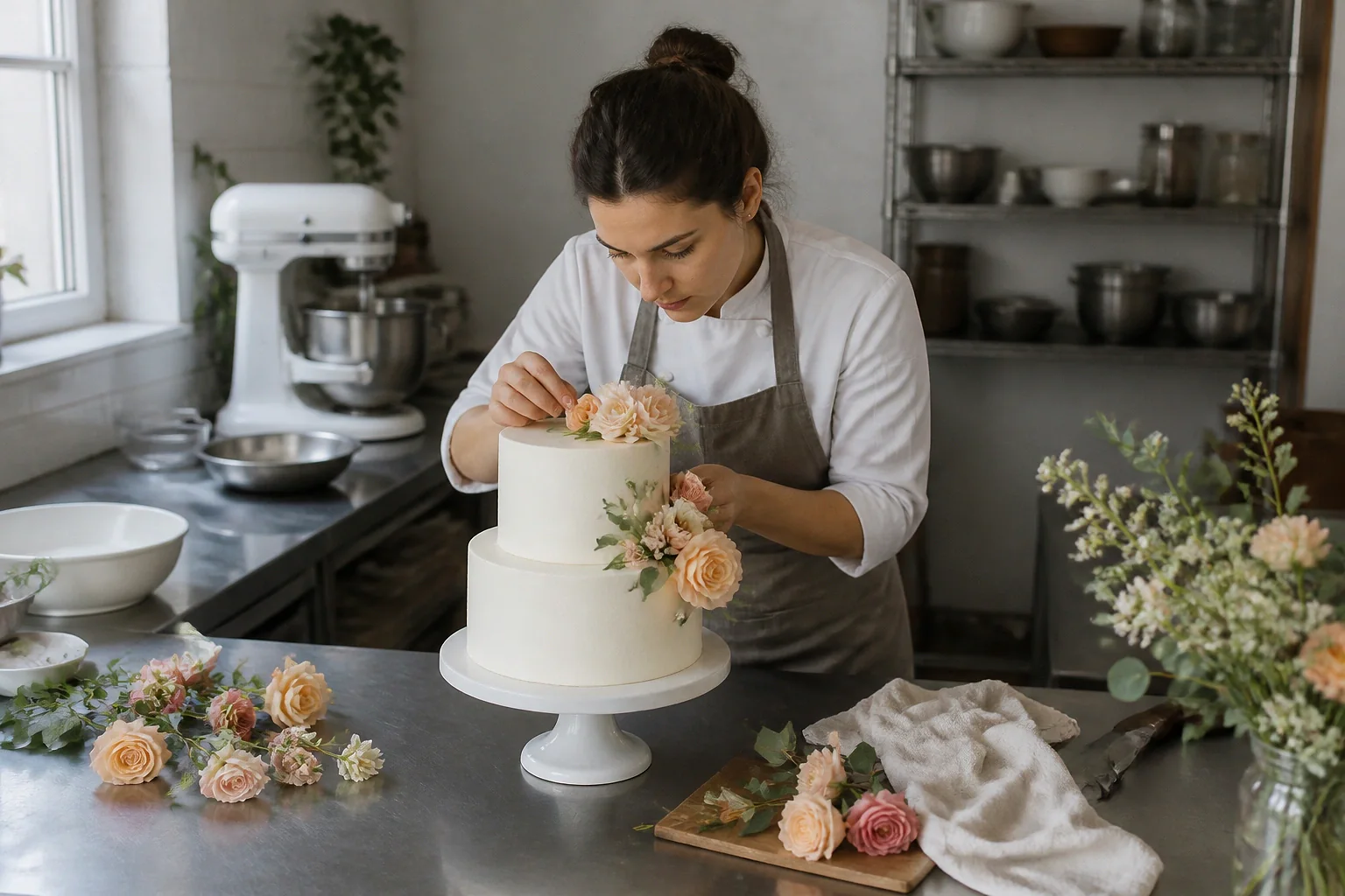 Gâteau de mariage préparé dans un atelier — illustration générée par IA